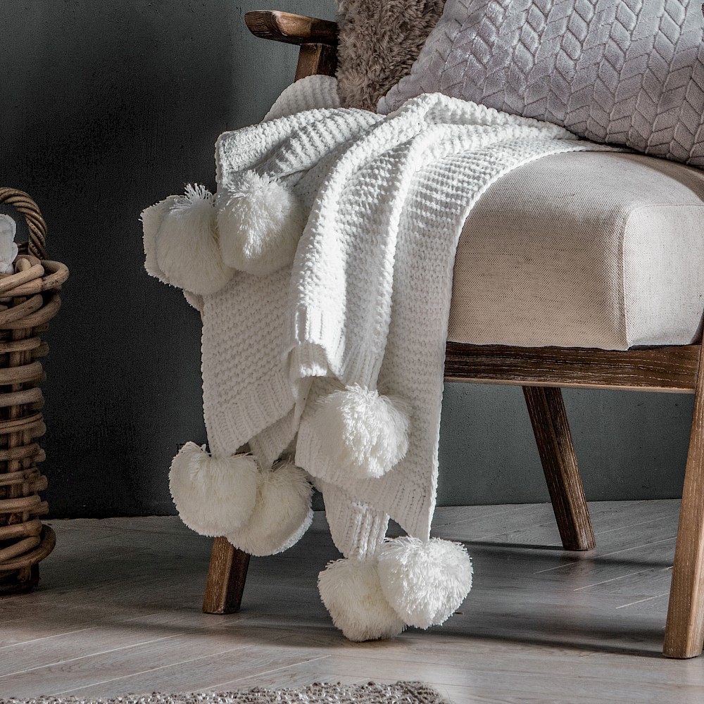 Pom Chenile Throw, Cream